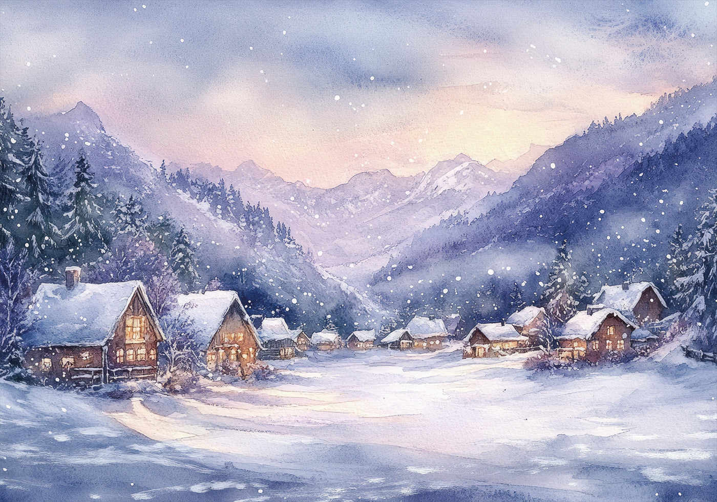 Watercolor Winter Mountain Village Poster - Posterbox.dk