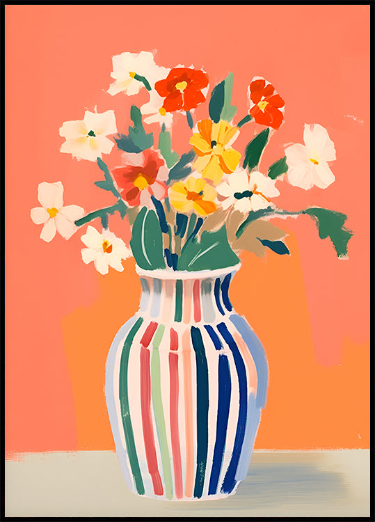 Wildflowers, Striped Vase, Coral Background Poster - Posterbox.dk