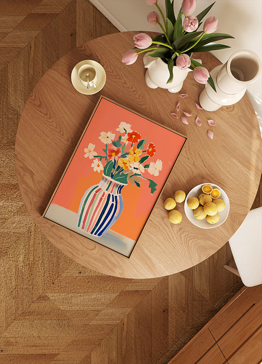 Wildflowers, Striped Vase, Coral Background Poster - Posterbox.dk