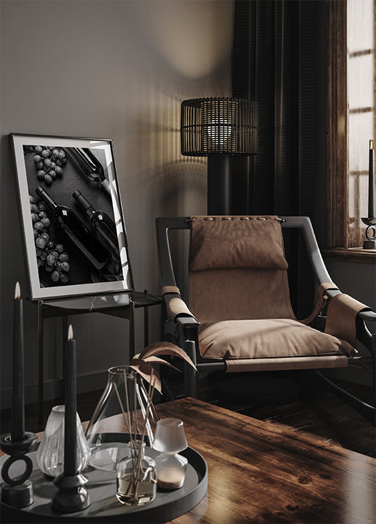 Wine Bottles and Grapes Black and White Poster - Posterbox.dk