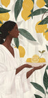 a painting of a woman holding a plate of lemons