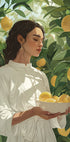 a painting of a woman holding a bowl of lemons