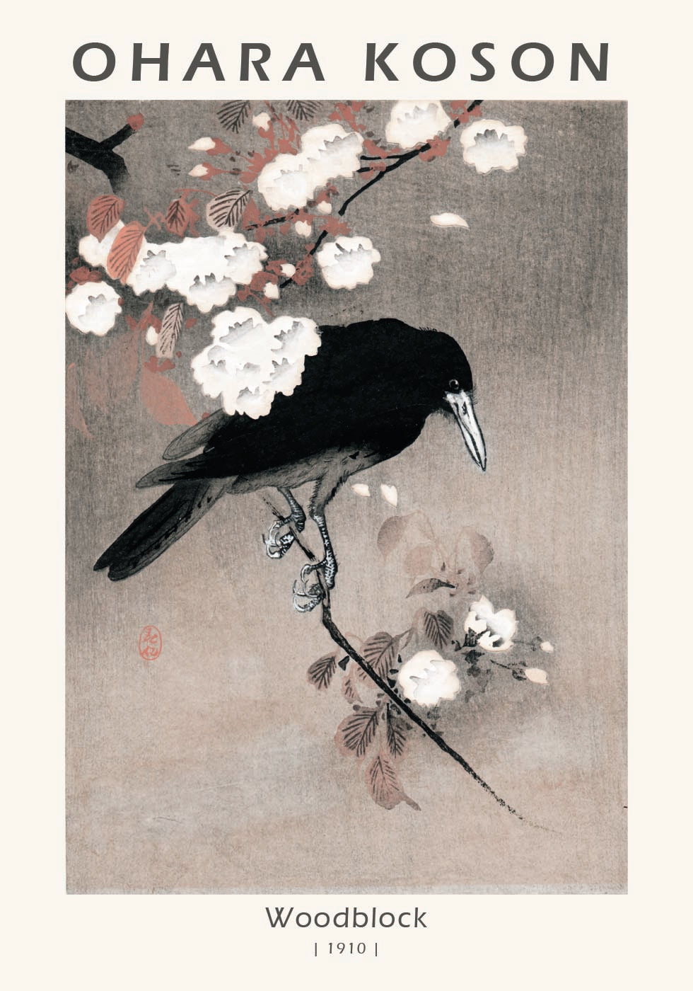 Woodblock, Crow on Cherry Blossom Branch By Ohara Koson Poster - Posterbox.dk