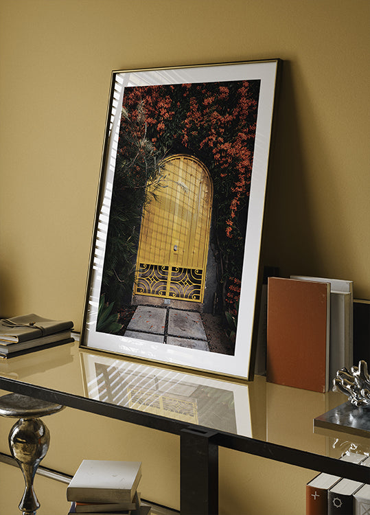 Yellow Door with Orange Flowers Poster - Posterbox.dk