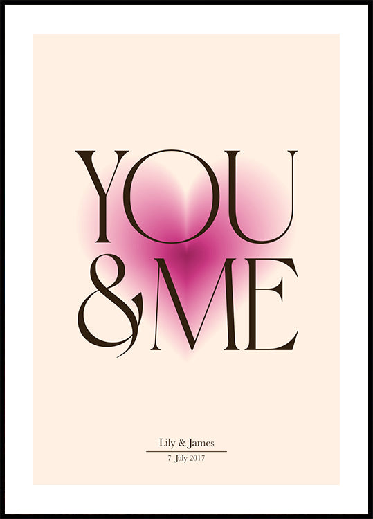 You & Me, Pink Heart, Personalized Couple Poster - Posterbox.dk