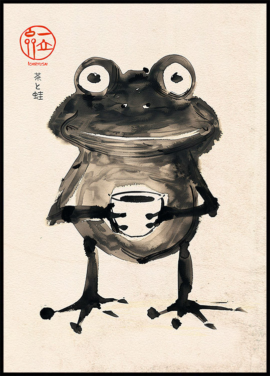 Zen Frog with Tea, Japanese Ink Art Poster - Posterbox.dk