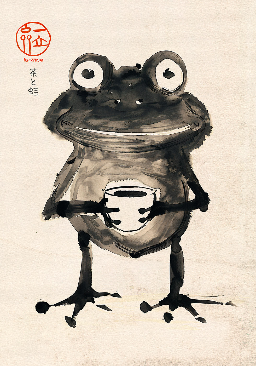 Zen Frog with Tea, Japanese Ink Art Poster - Posterbox.dk