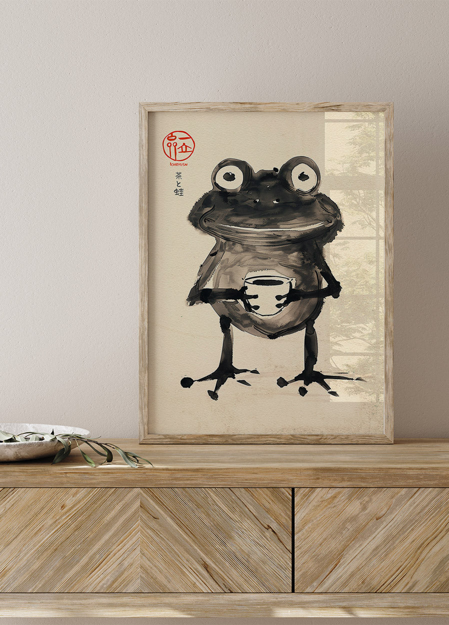 Zen Frog with Tea, Japanese Ink Art Poster - Posterbox.dk
