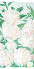 The image is a vibrant and colorful painting of a variety of white and pink flowers, including peonies, against a light blue background.