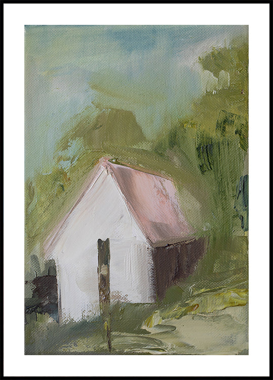 a white house with a red roof, surrounded by lush greenery and a cloudy sky.