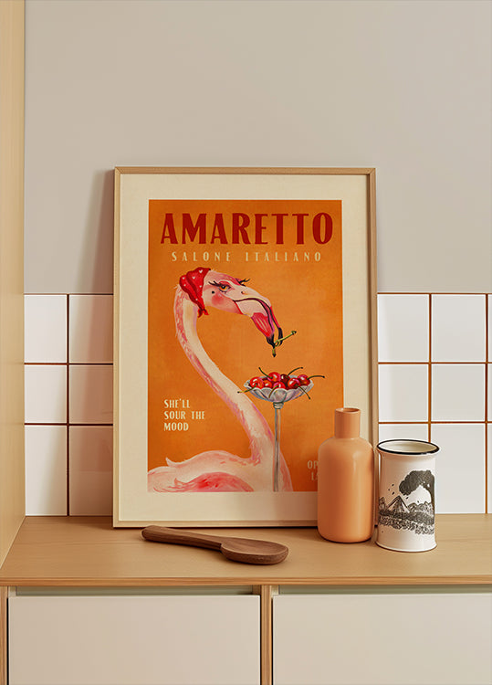 Amaretto Flamingo Art Deco Italian Cafe Travel Art Plakat - Posterbox