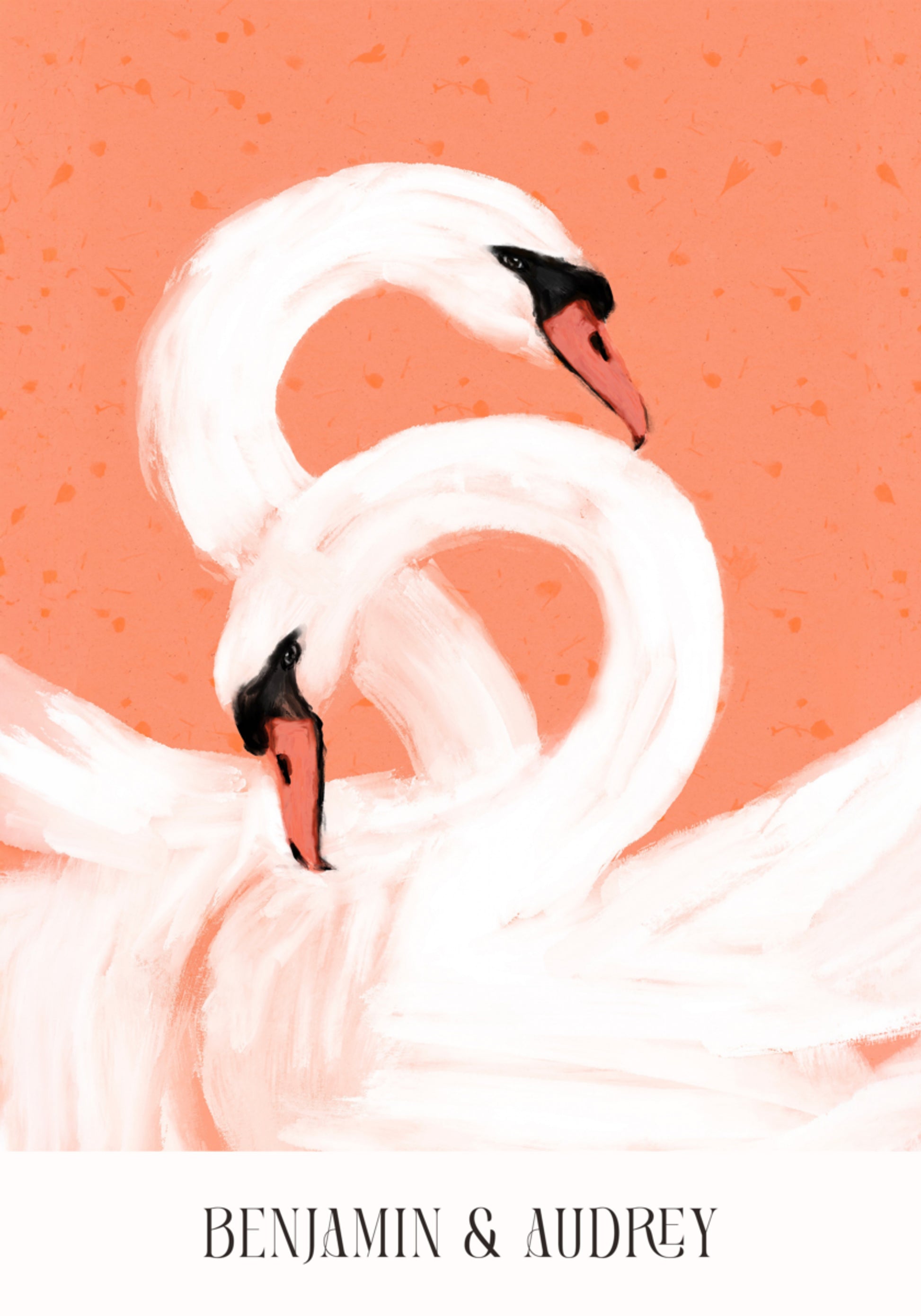 Elegant swans on coral background