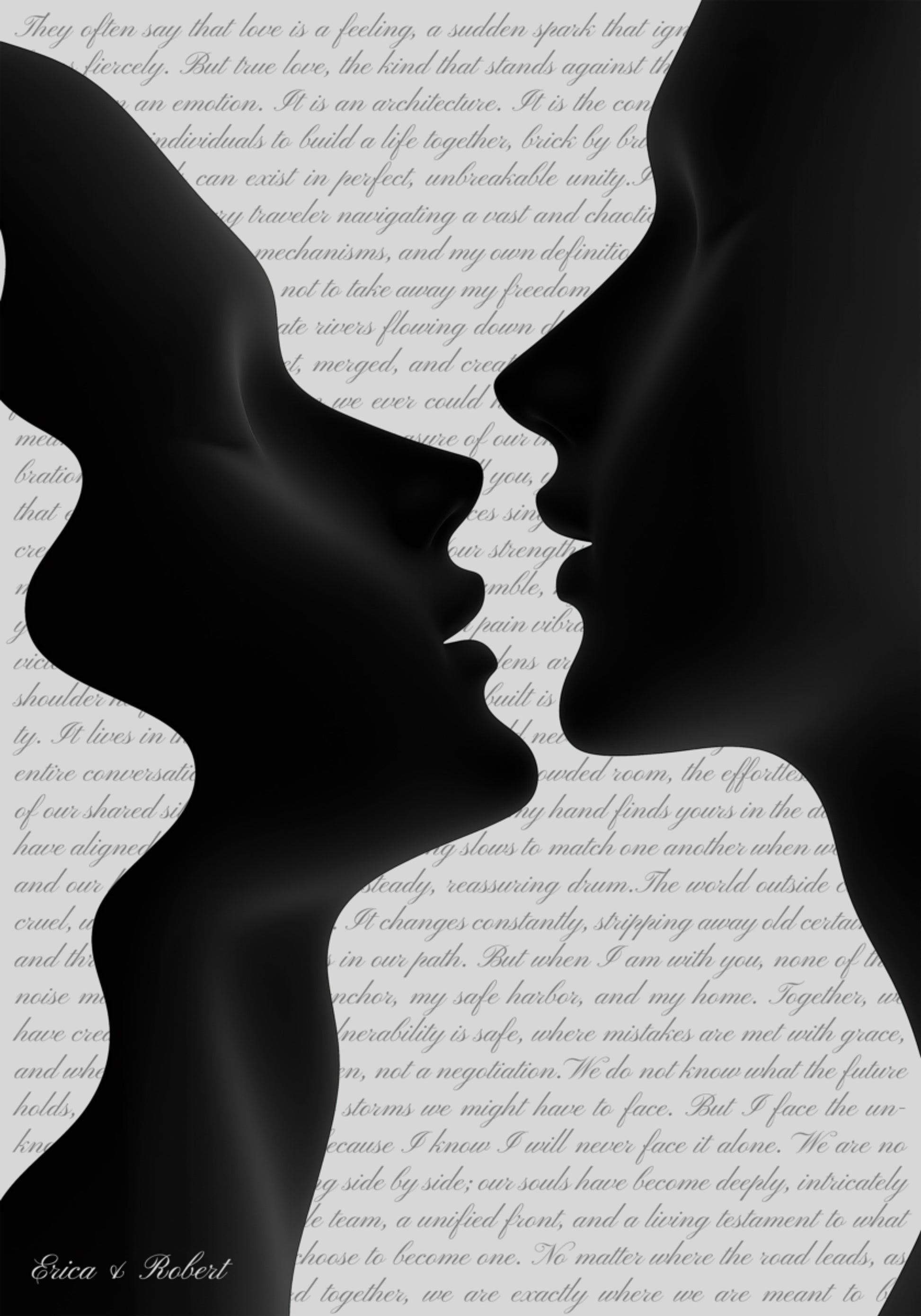 Romantic silhouette in close embrace with gentle text