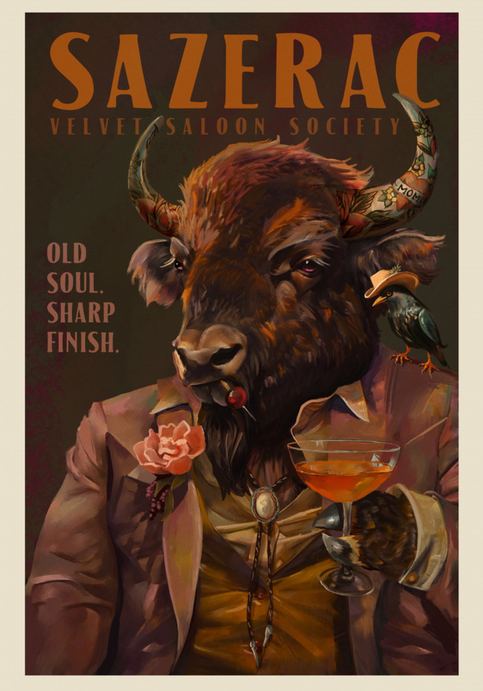 Buffalo Drinking Sazerac Cocktail. Alcohol & Liquor Bar Art