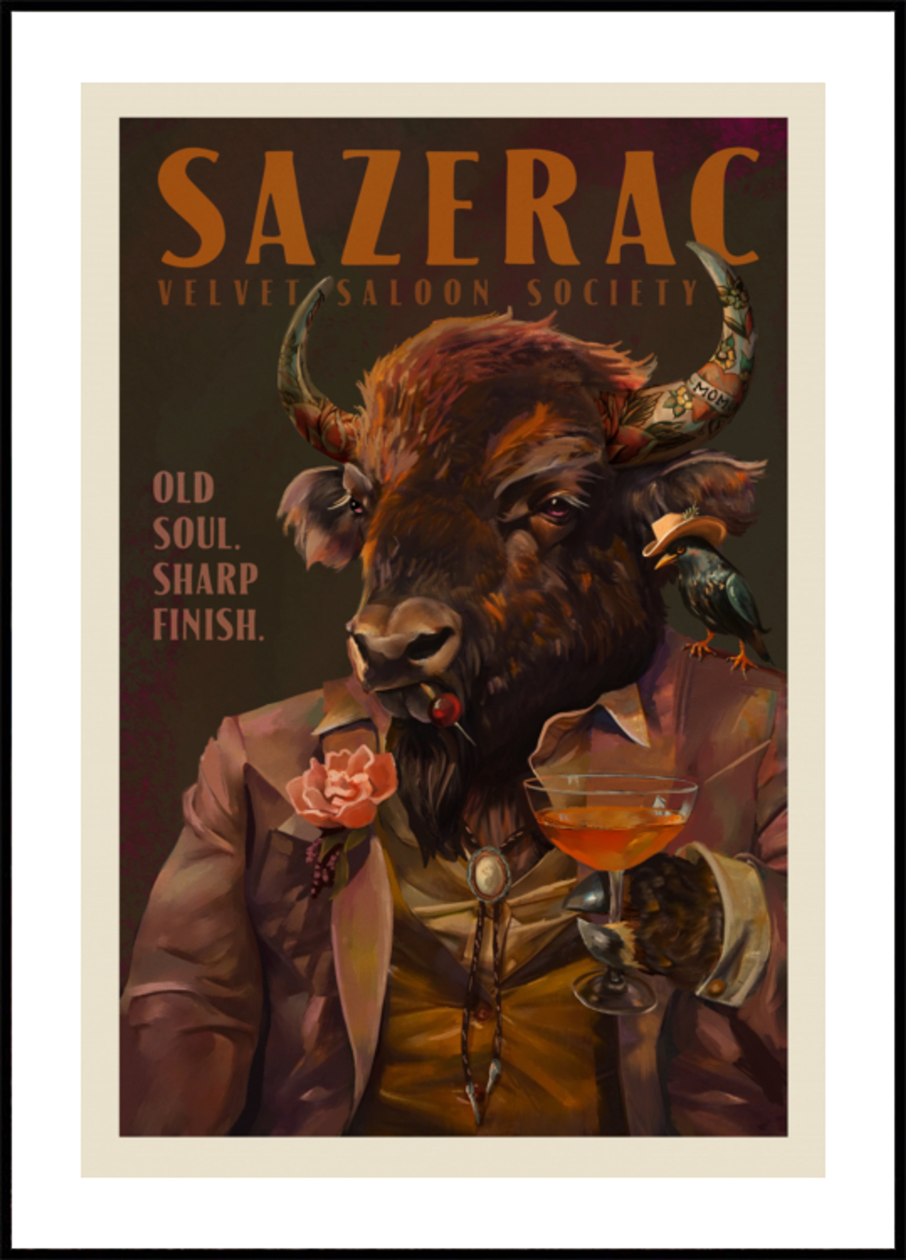 Buffalo Drinking Sazerac Cocktail. Alcohol & Liquor Bar Art
