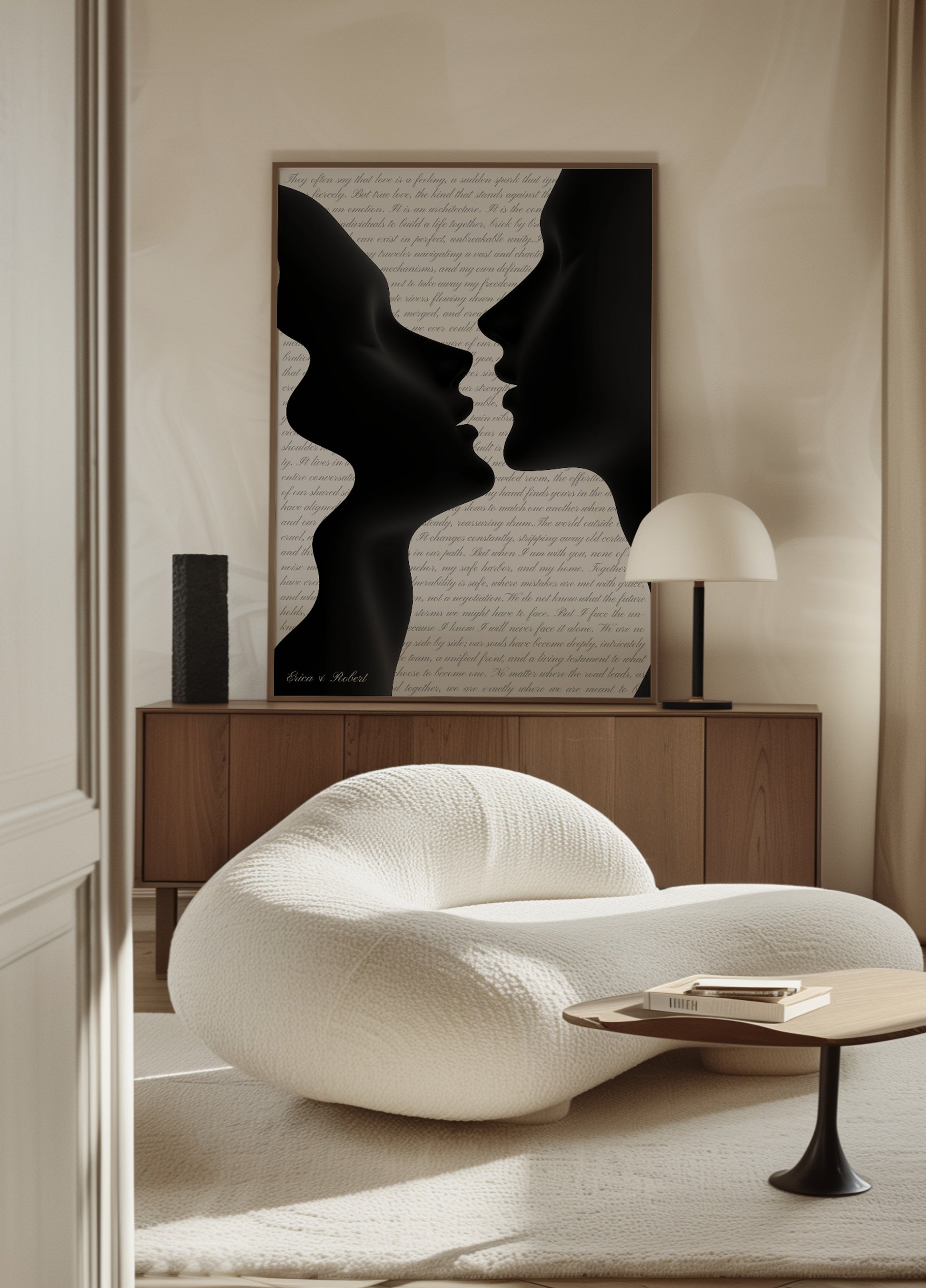 Romantic silhouette in close embrace with gentle text
