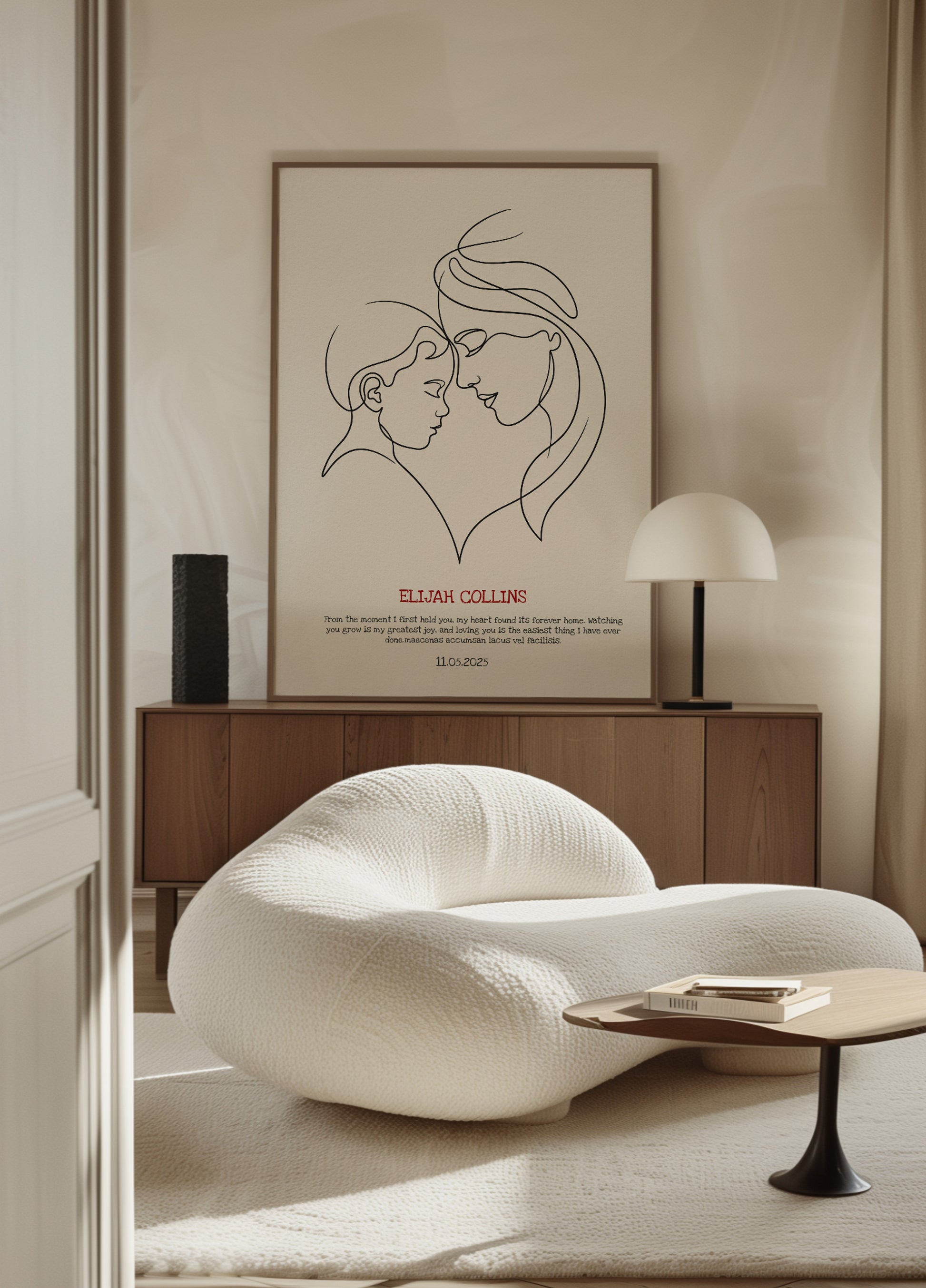 Minimalist line art of mother and child