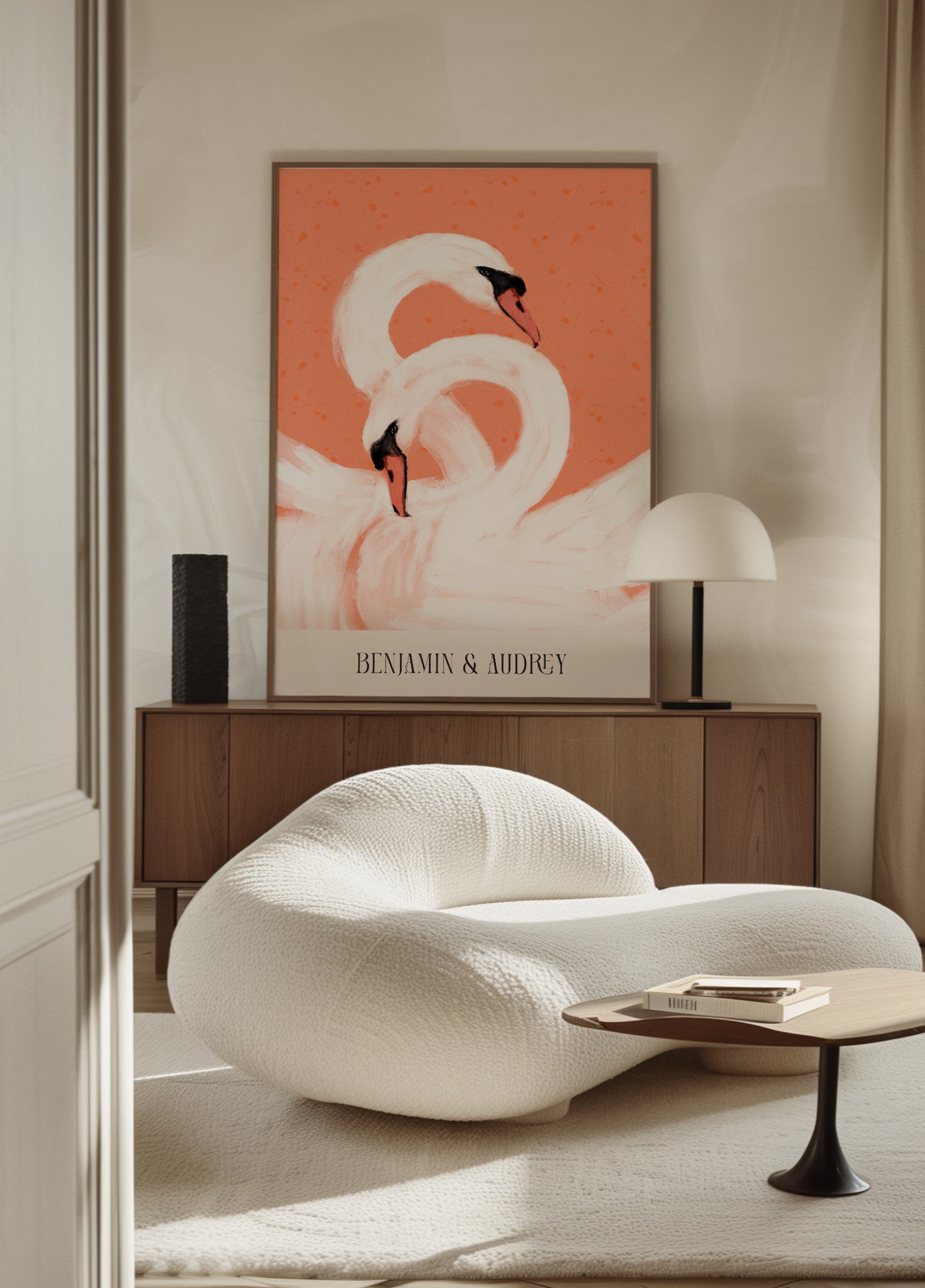 Elegant swans on coral background