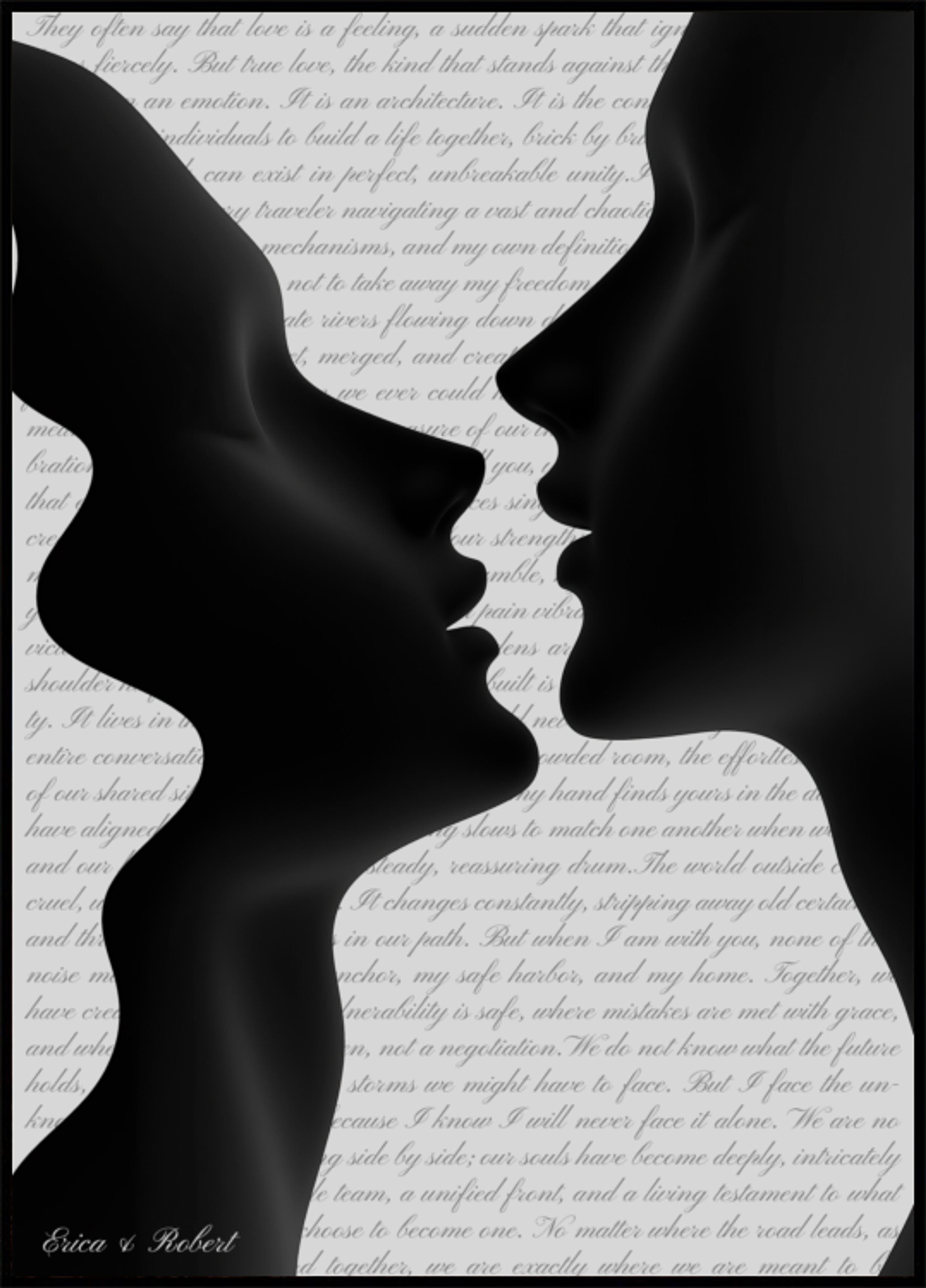 Romantic silhouette in close embrace with gentle text