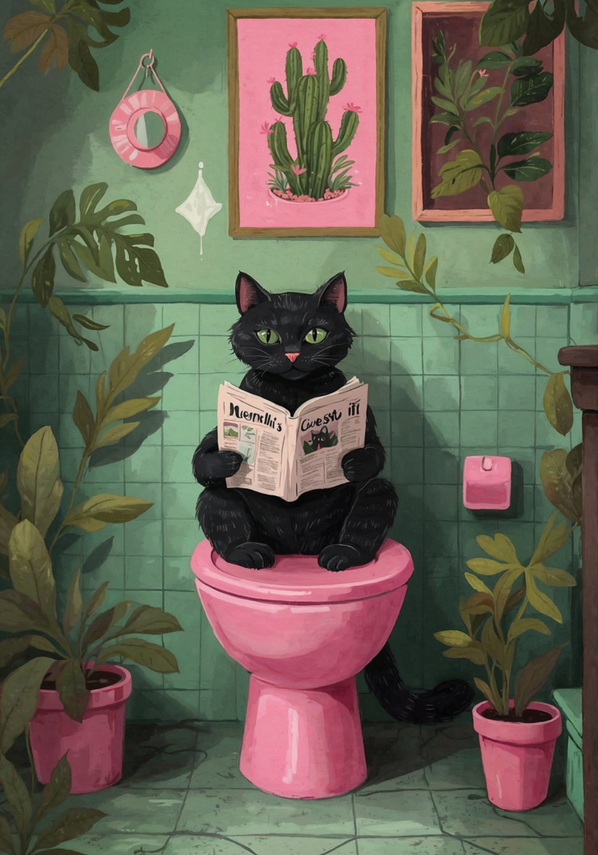 Cat Reading In Bathroom
